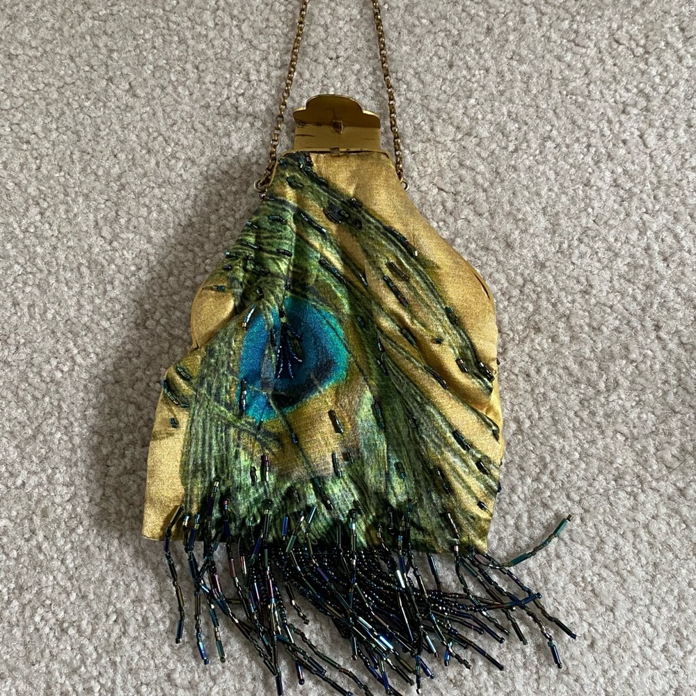 Handmade silk satin flocked peacock pattern beaded vintage purse